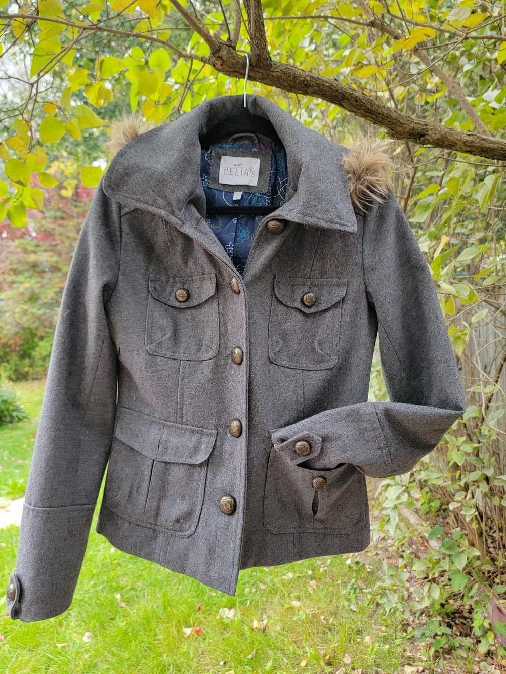 dELiA*s Gray Wool-Blend Jacket ~ Faux Fur Removable Hood ~ Cute Floral Skulls